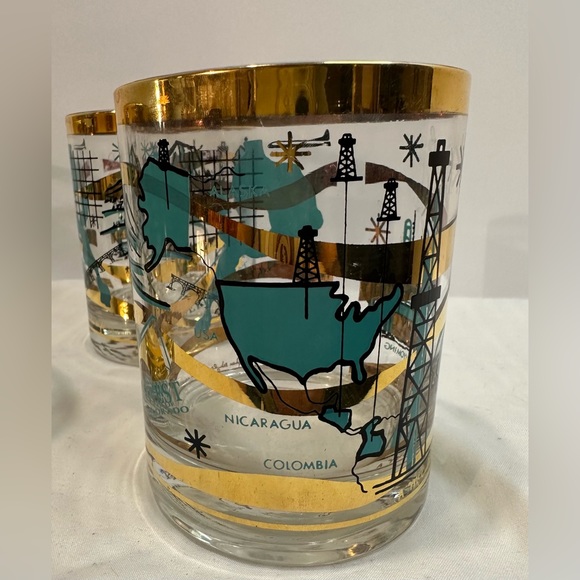 Rare Set of 5 MCM Norma Jean Wright 24k Gold & Turquoise Oil & Gas Bar Glasses - Picture 12 of 15